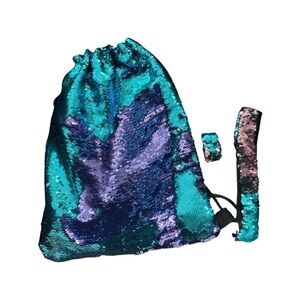 Turquoise/purple Sequin Drawstring Backpack with Hairband & Slap Bracelet Gift.